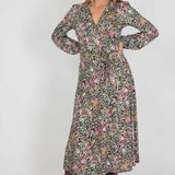 Puff sleeve midi wrap jersey dress - Pink flowers