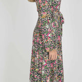 Puff sleeve midi wrap jersey dress - Pink flowers