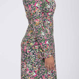 Puff sleeve short wrap jersey dress - Pink flowers