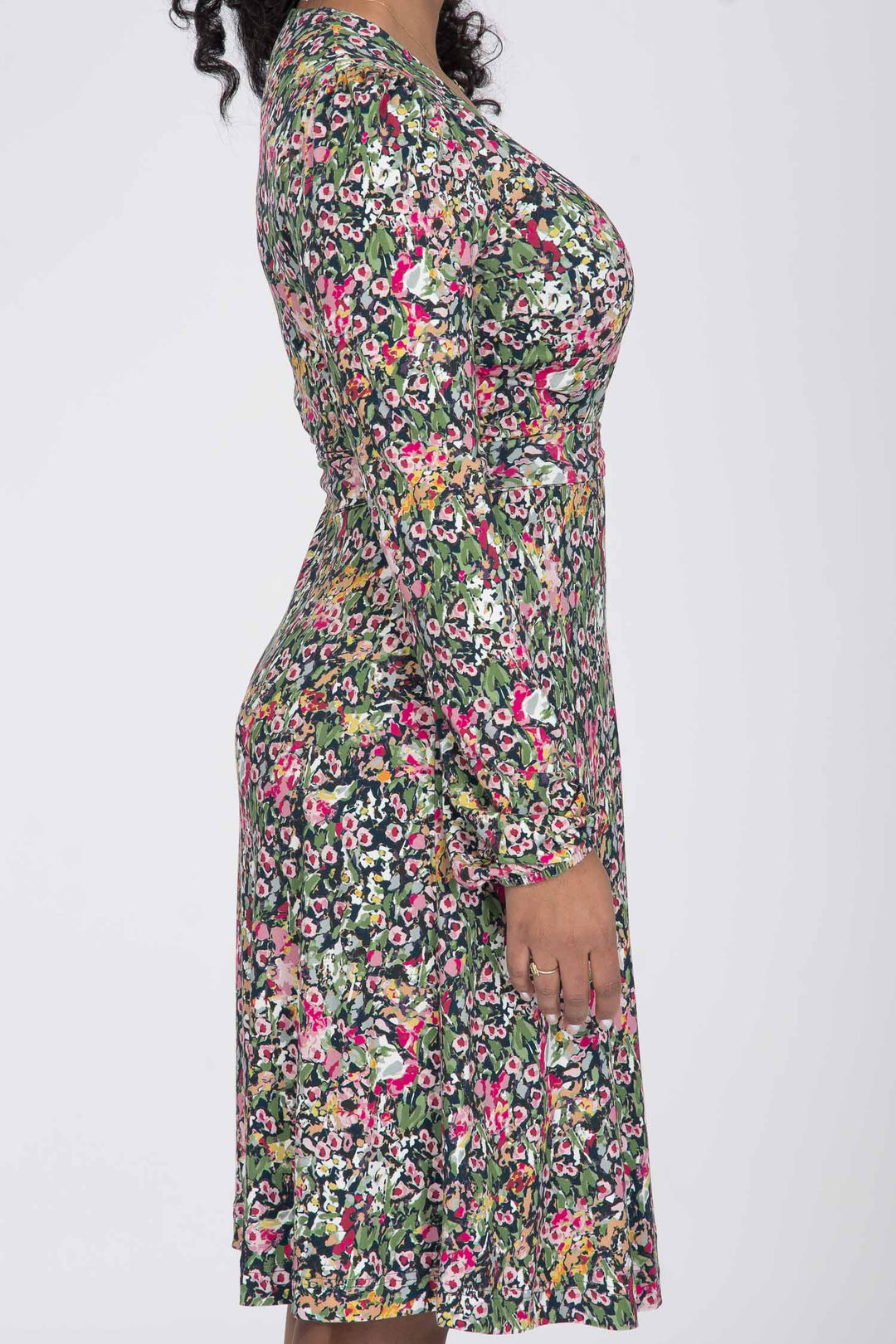 Puff sleeve short wrap jersey dress - Pink flowers