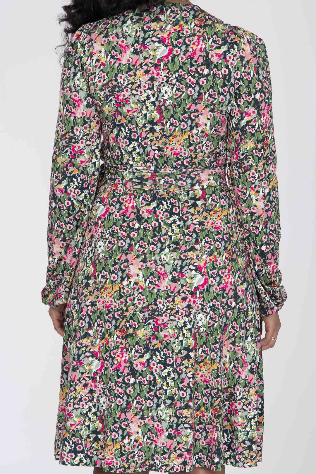 Puff sleeve short wrap jersey dress - Pink flowers