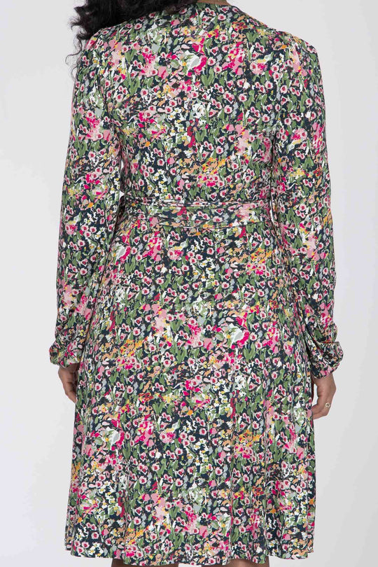 Puff sleeve short wrap jersey dress - Pink flowers