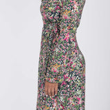 Puff sleeve short wrap jersey dress - Pink flowers