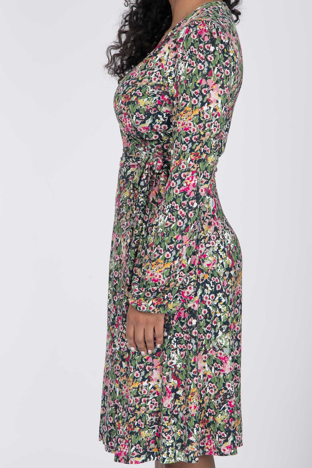 Puff sleeve short wrap jersey dress - Pink flowers