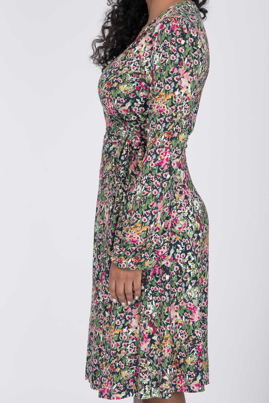 Puff sleeve short wrap jersey dress - Pink flowers