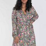 Puff sleeve short wrap jersey dress - Pink flowers