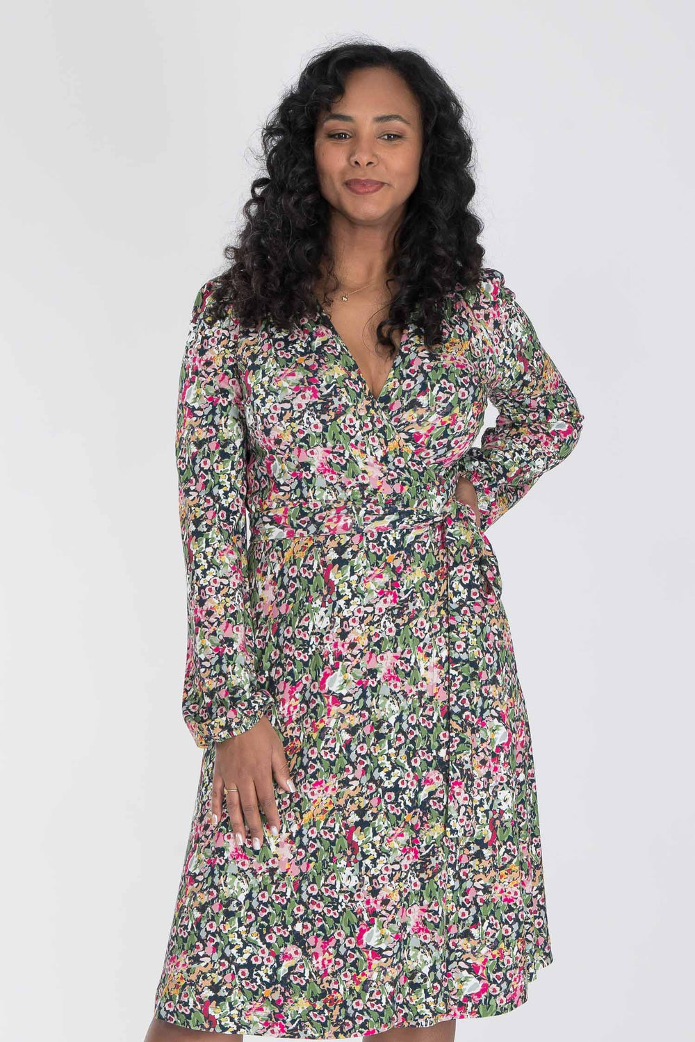 Puff sleeve short wrap jersey dress - Pink flowers