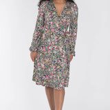 Puff sleeve short wrap jersey dress - Pink flowers