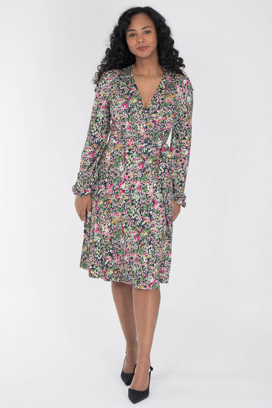 Puff sleeve short wrap jersey dress - Pink flowers