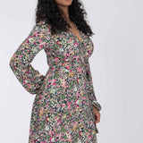 Puff sleeve short wrap jersey dress - Pink flowers