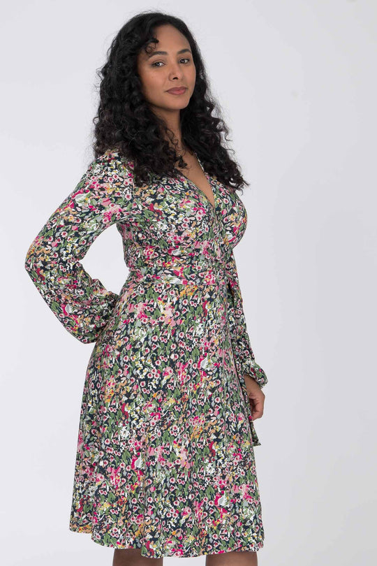 Puff sleeve short wrap jersey dress - Pink flowers