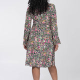 Puff sleeve short wrap jersey dress - Pink flowers