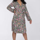 Puff sleeve short wrap jersey dress - Pink flowers
