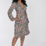 Puff sleeve short wrap jersey dress - Pink flowers