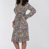 Puff sleeve short wrap jersey dress - Pink flowers