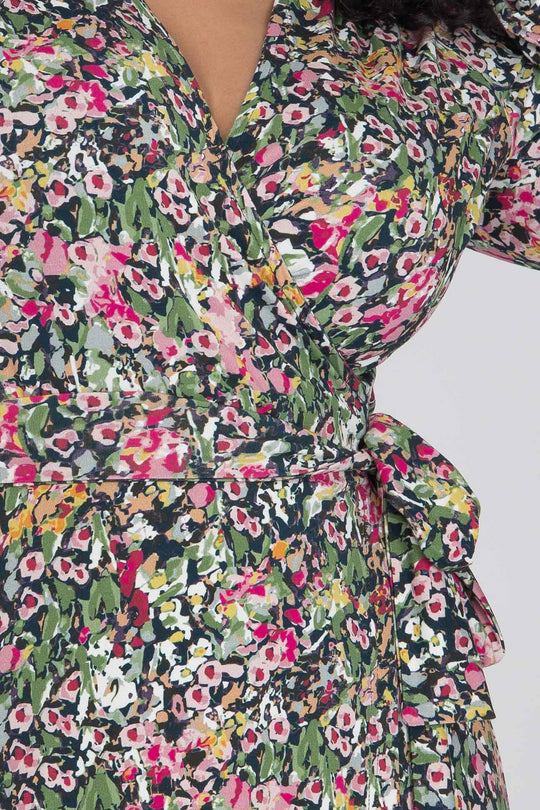 Puff sleeve short wrap jersey dress - Pink flowers