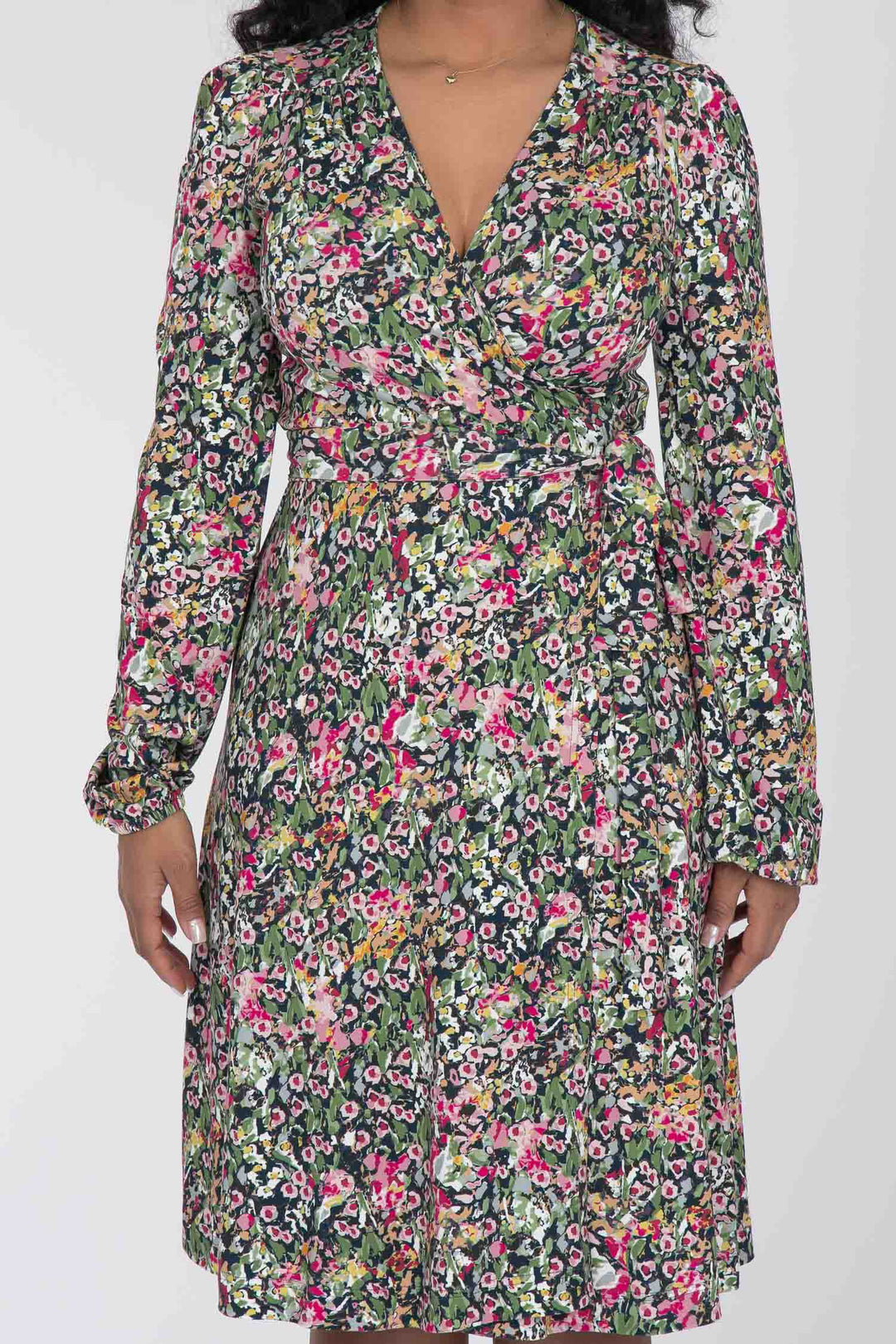 Puff sleeve short wrap jersey dress - Pink flowers