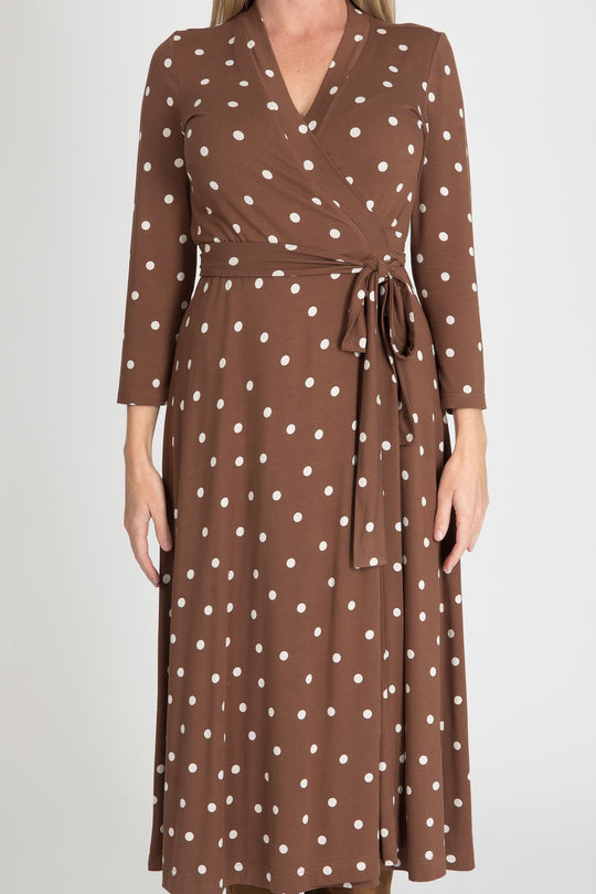 Bestie printed midi wrap jersey dress - Brown dot - Vadlång omlottklänning i trikå