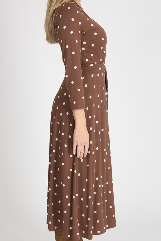 Bestie printed midi wrap jersey dress - Brown dot - Vadlång omlottklänning i trikå