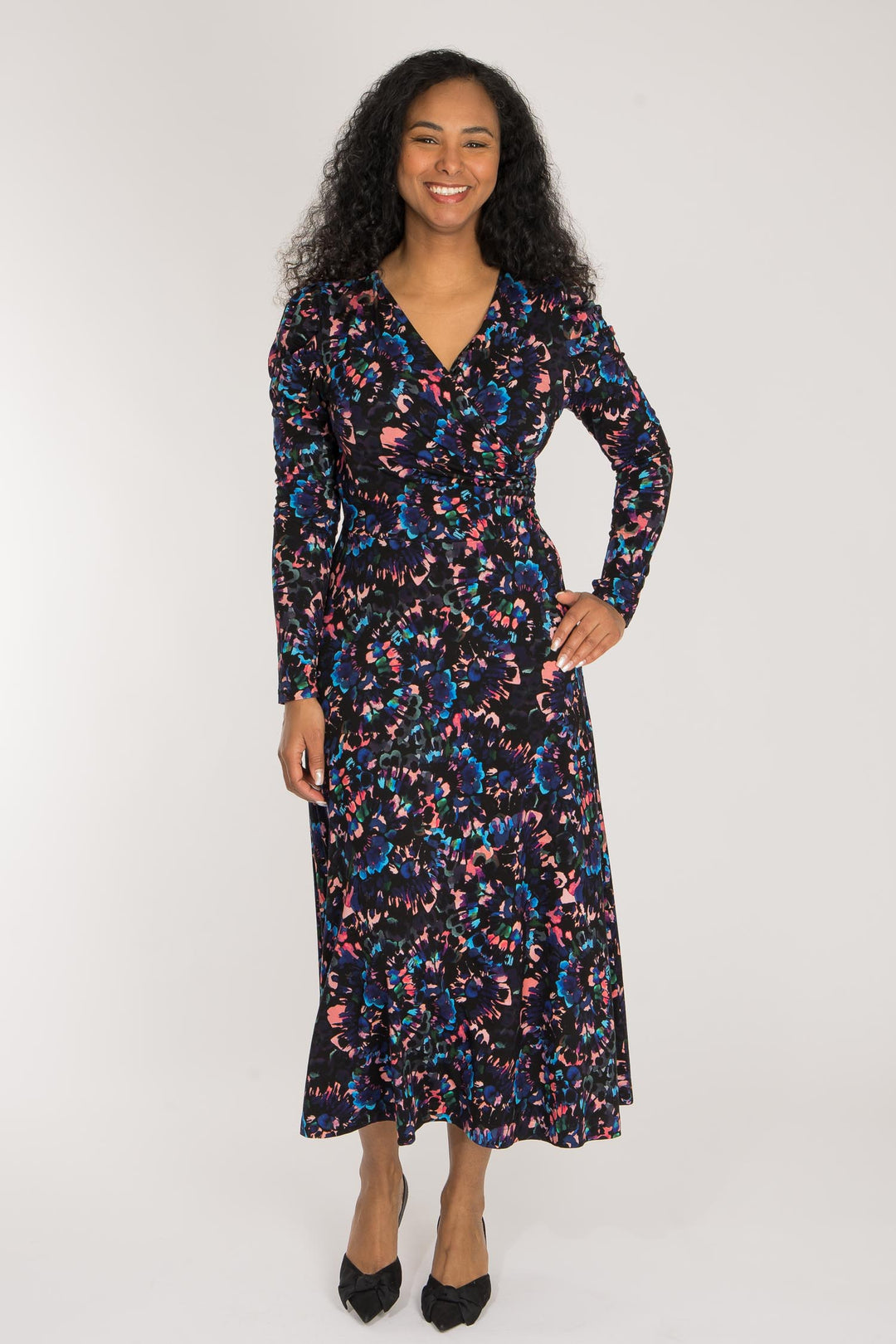 Closed wrap midi jersey dress - Blue-Pink