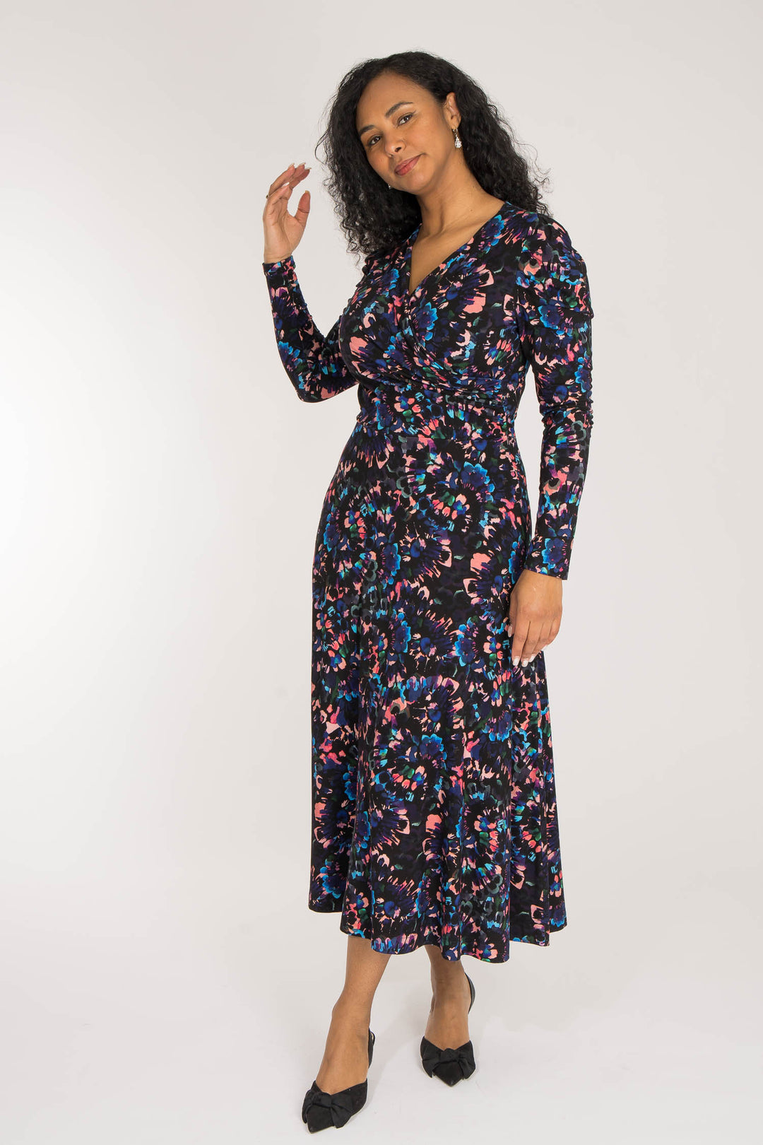 Closed wrap midi jersey dress - Blue-Pink