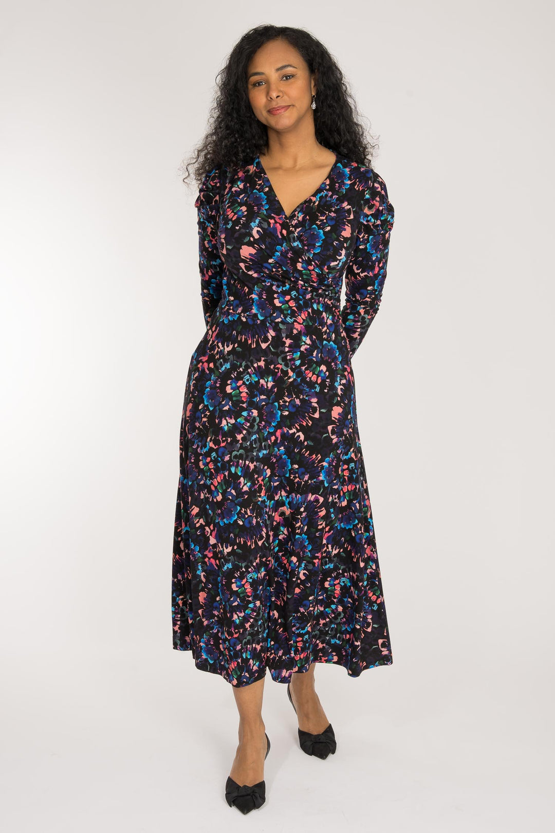 Closed wrap midi jersey dress - Blue-Pink