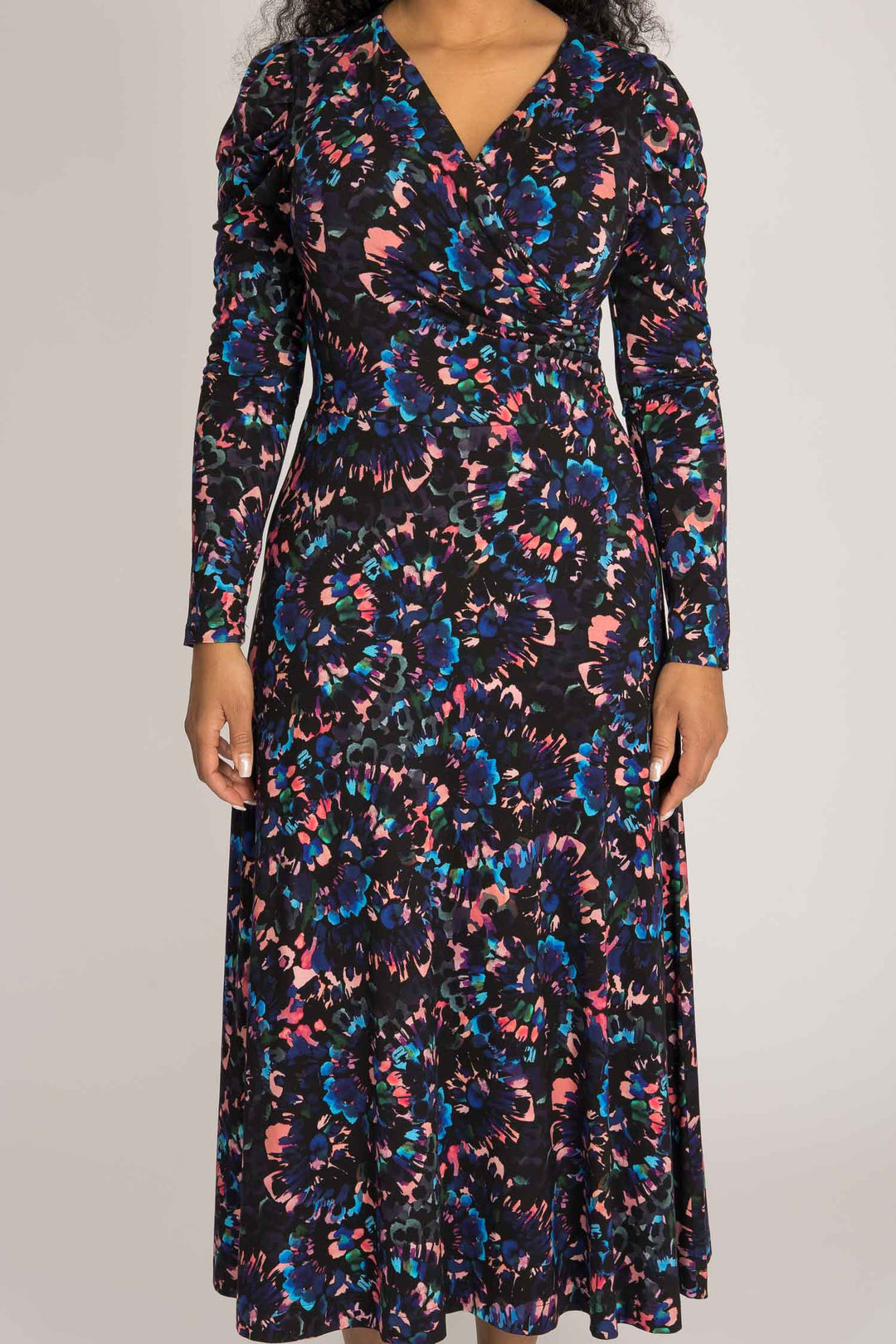 Closed wrap midi jersey dress - Blue-Pink