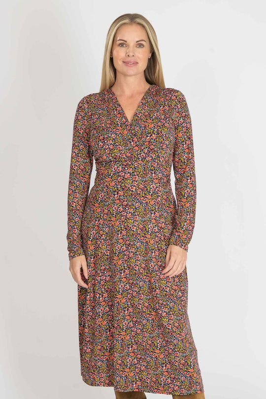 Essential printed midi jersey dress - Navy flowers - Mönstrad vadlång klänning i trikå