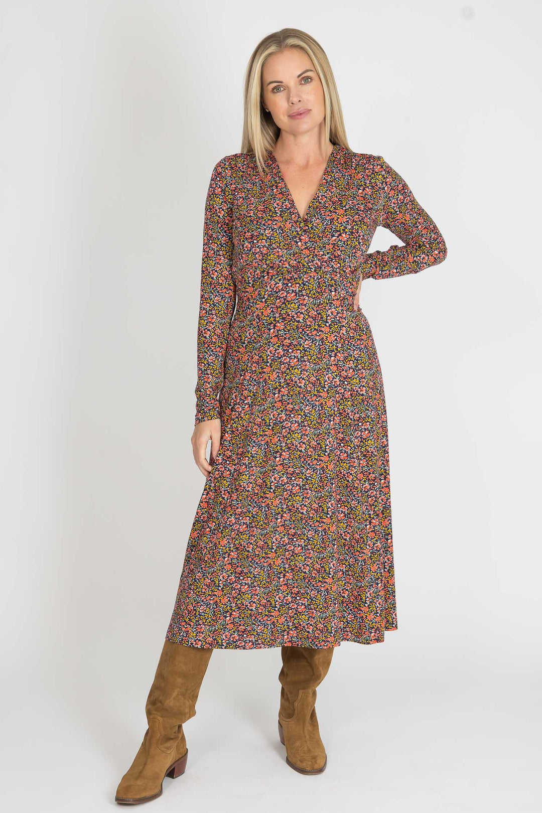 Essential printed midi jersey dress - Navy flowers - Mönstrad vadlång klänning i trikå