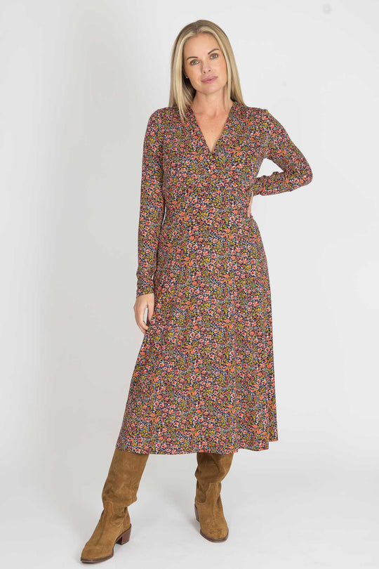 Essential printed midi jersey dress - Navy flowers - Mönstrad vadlång klänning i trikå