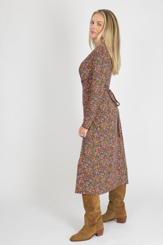 Essential printed midi jersey dress - Navy flowers - Mönstrad vadlång klänning i trikå