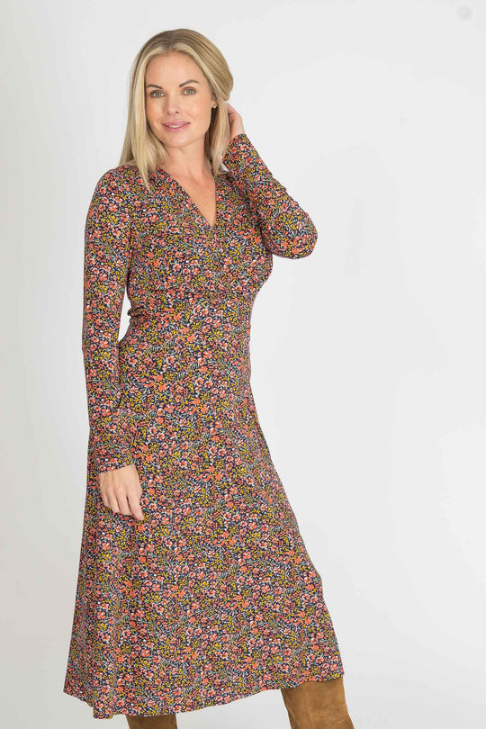 Essential printed midi jersey dress - Navy flowers - Mönstrad vadlång klänning i trikå