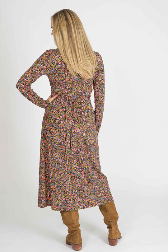 Essential printed midi jersey dress - Navy flowers - Mönstrad vadlång klänning i trikå