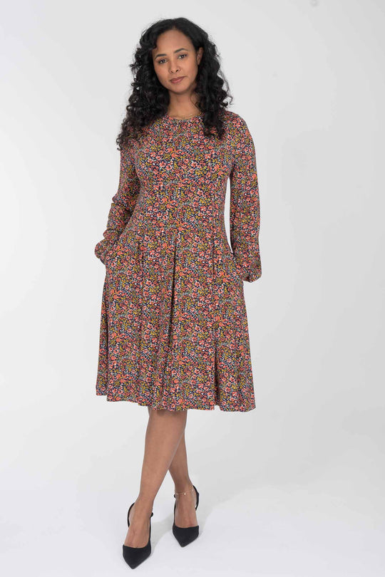 Pleated waist short jersey dress - Navy flowers