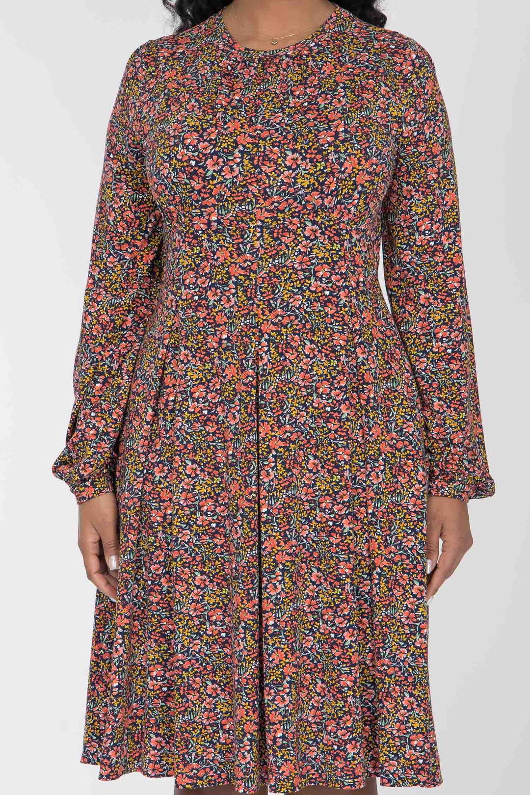 Pleated waist short jersey dress - Navy flowers