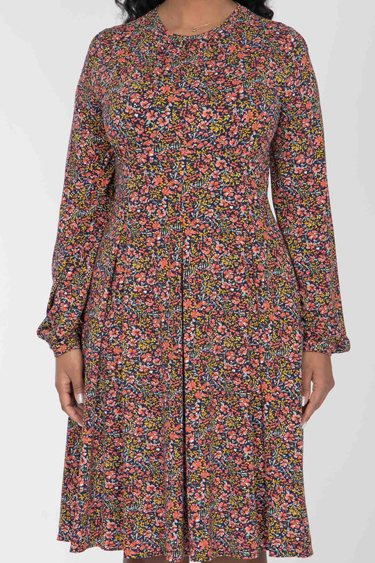 Pleated waist short jersey dress - Navy flowers