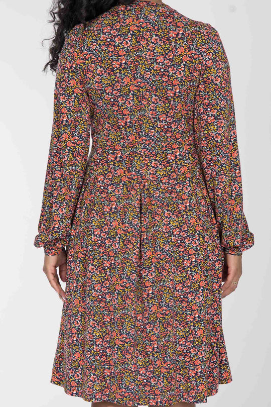 Pleated waist short jersey dress - Navy flowers