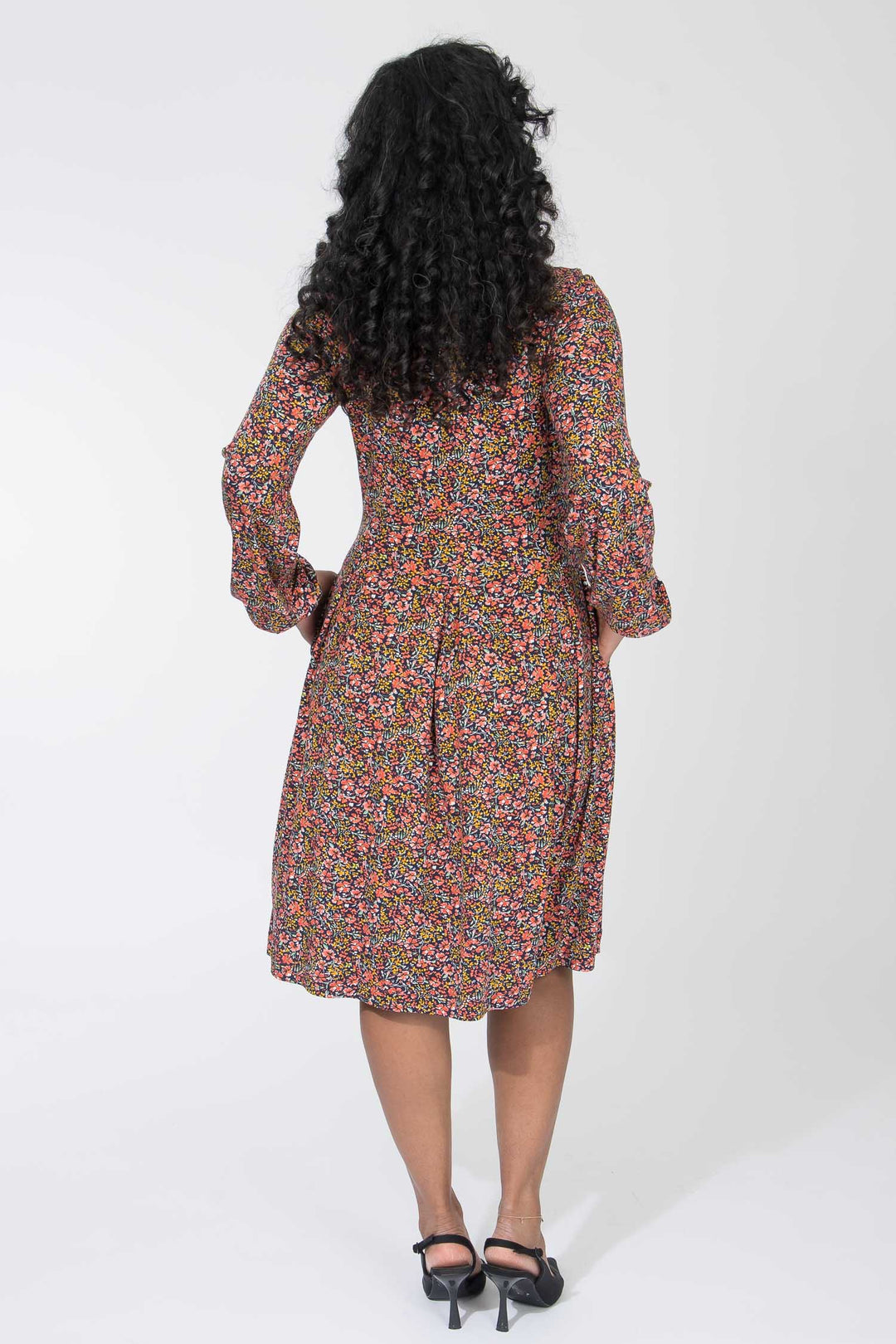Pleated waist short jersey dress - Navy flowers
