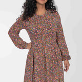 Pleated waist short jersey dress - Navy flowers
