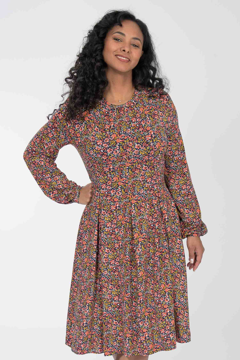 Pleated waist short jersey dress - Navy flowers