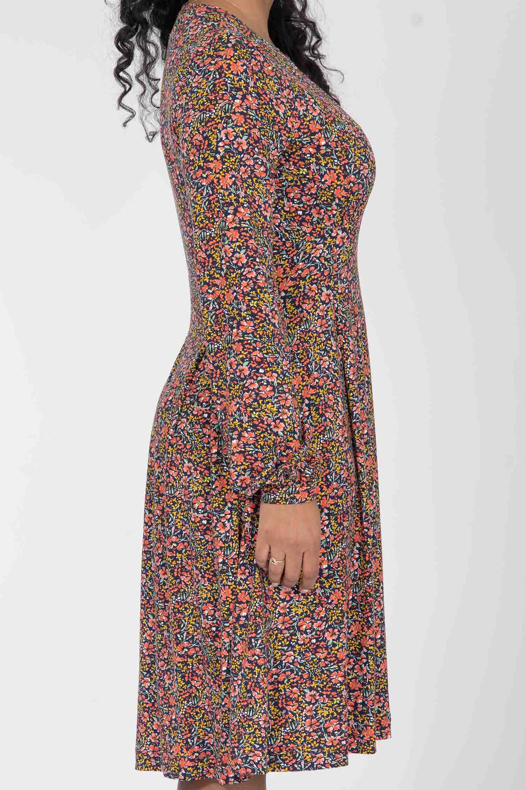 Pleated waist short jersey dress - Navy flowers