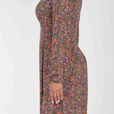 Pleated waist short jersey dress - Navy flowers