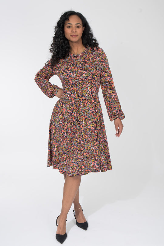Pleated waist short jersey dress - Navy flowers