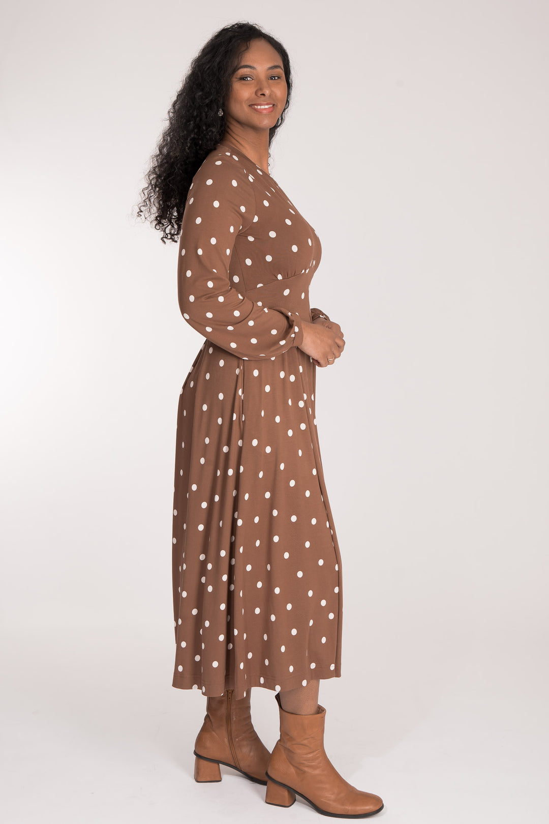 Pleated waist midi jersey dress - Brown dot