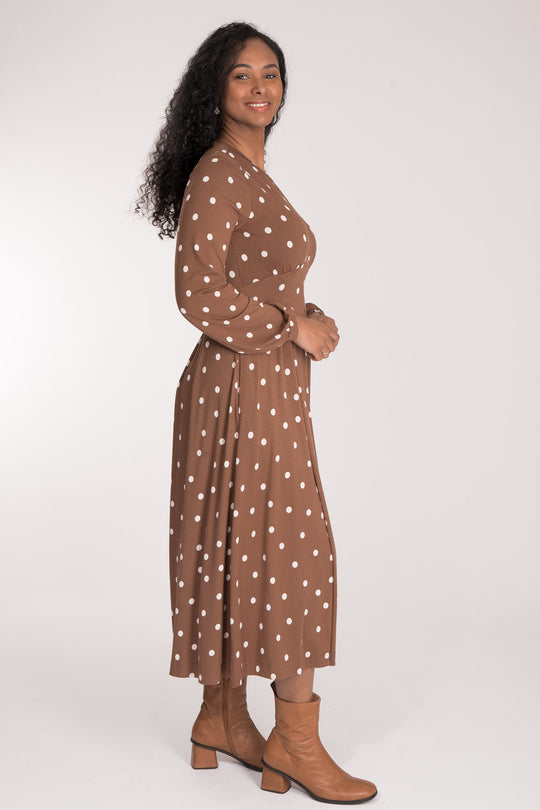 Pleated waist midi jersey dress - Brown dot