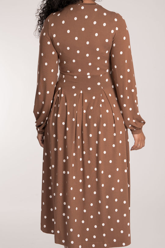 Pleated waist midi jersey dress - Brown dot