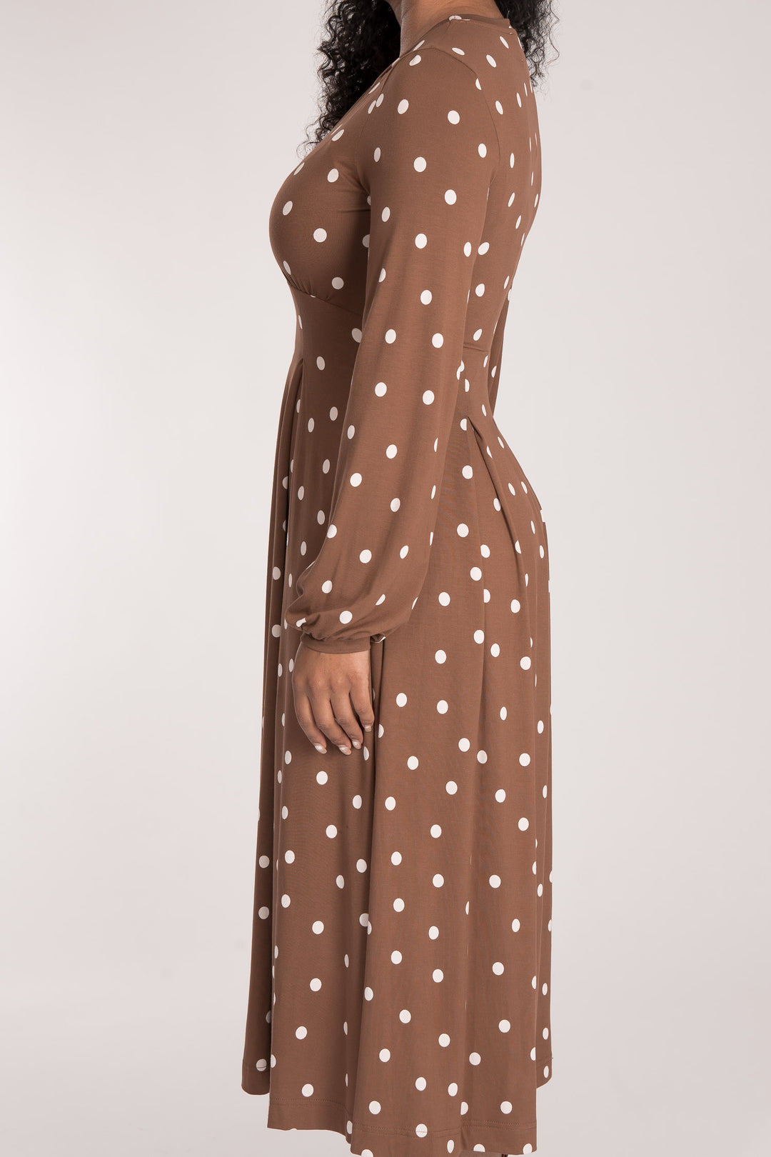 Pleated waist midi jersey dress - Brown dot