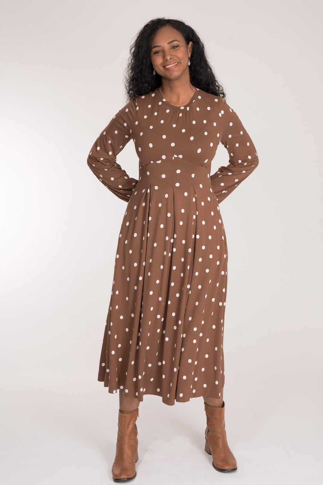 Pleated waist midi jersey dress - Brown dot