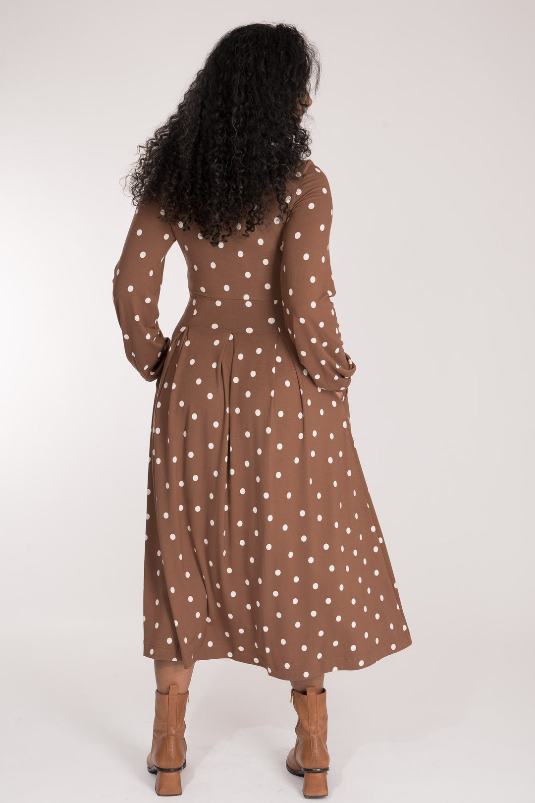 Pleated waist midi jersey dress - Brown dot