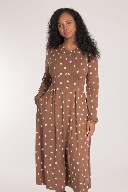 Pleated waist midi jersey dress - Brown dot